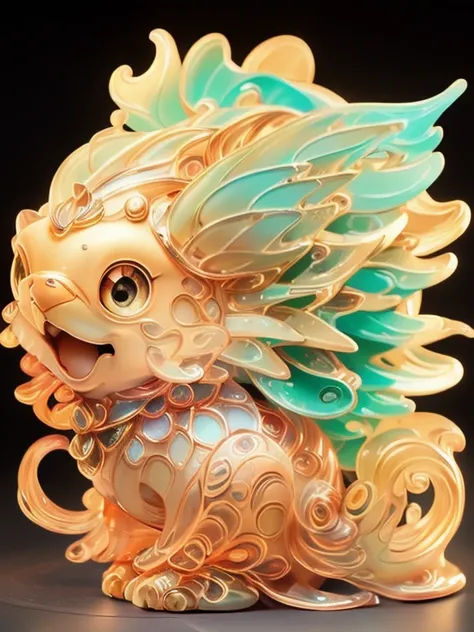 Glass statue of a fish，Bling background，Dreamy colors，Transparent statue，florals，Big eyes，golden colored，Open-mouthed，laughingly, masterpiece，（best quality：1.3）， full bodyesbian，Ling_Long