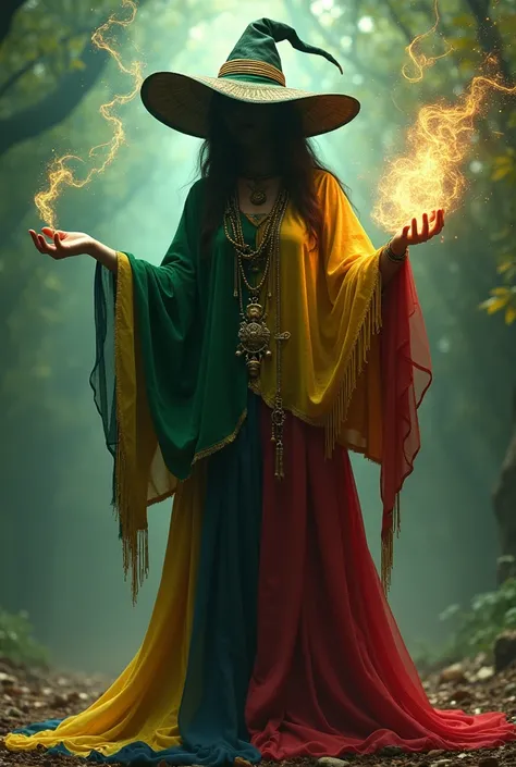 Witch in the long hat colors of Colombia with a scroll from her hands to her feet long colombian hat 