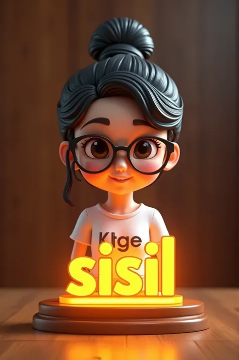  Realistic 3D logo cartoon cartoon image real woman rich anime beautiful face Chinese eyes wear glasses shape hairbox shape short straight cut shirt wear writing shirt  "SiSil "  The writing is made of metallic material in clear acrylic layer bottom wooden...