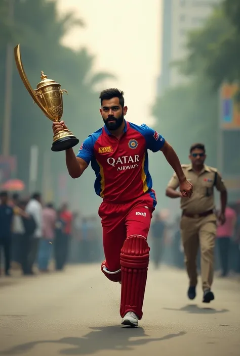 Virat Kohli ek trophy le ke bhag rha hai ( wearing RCB team jersey, jersey ke left side RCB tiger  dahad rha h logo and middle me Qatar Airways  t-shirt upper blue & down red colour ka hai  and pants full red colour) sadak par. Unke pichhe police hai. Vira...