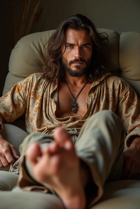  Beautiful man with long wavy hair , bohemian dress,  with a socket pointed at his feet size 12 US lying on a couch, with focus on his feet 