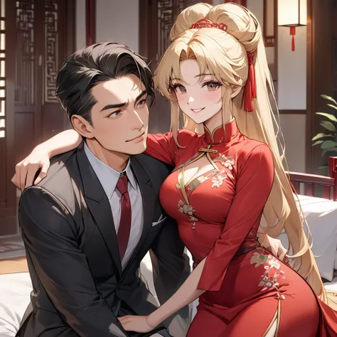 The woman who is a member of the Chinese Communist Party physically and mentally is a beautiful blonde Fate Testarossa, wears a gorgeous and attractive Chinese dress of a Chinese Communist Party member, pledges absolute loyalty and love to a great Chinese ...