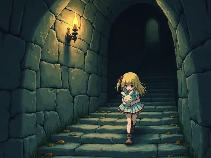  Japanese anime style， A little girl with blond hair facing the camera head-on ，With hair down， carefully walking down the stone steps of the underground dungeon。She supports the stone wall with one hand ， holding a rabbit doll 。 and the dungeon environmen...