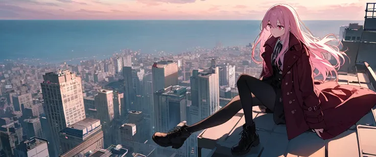 long straight hair, light pink hair, teen girl, full body, sitting on rooftop, on skyscraper, wearing coat, long coat, burgundry coat, rose eyes, looking at horizon,