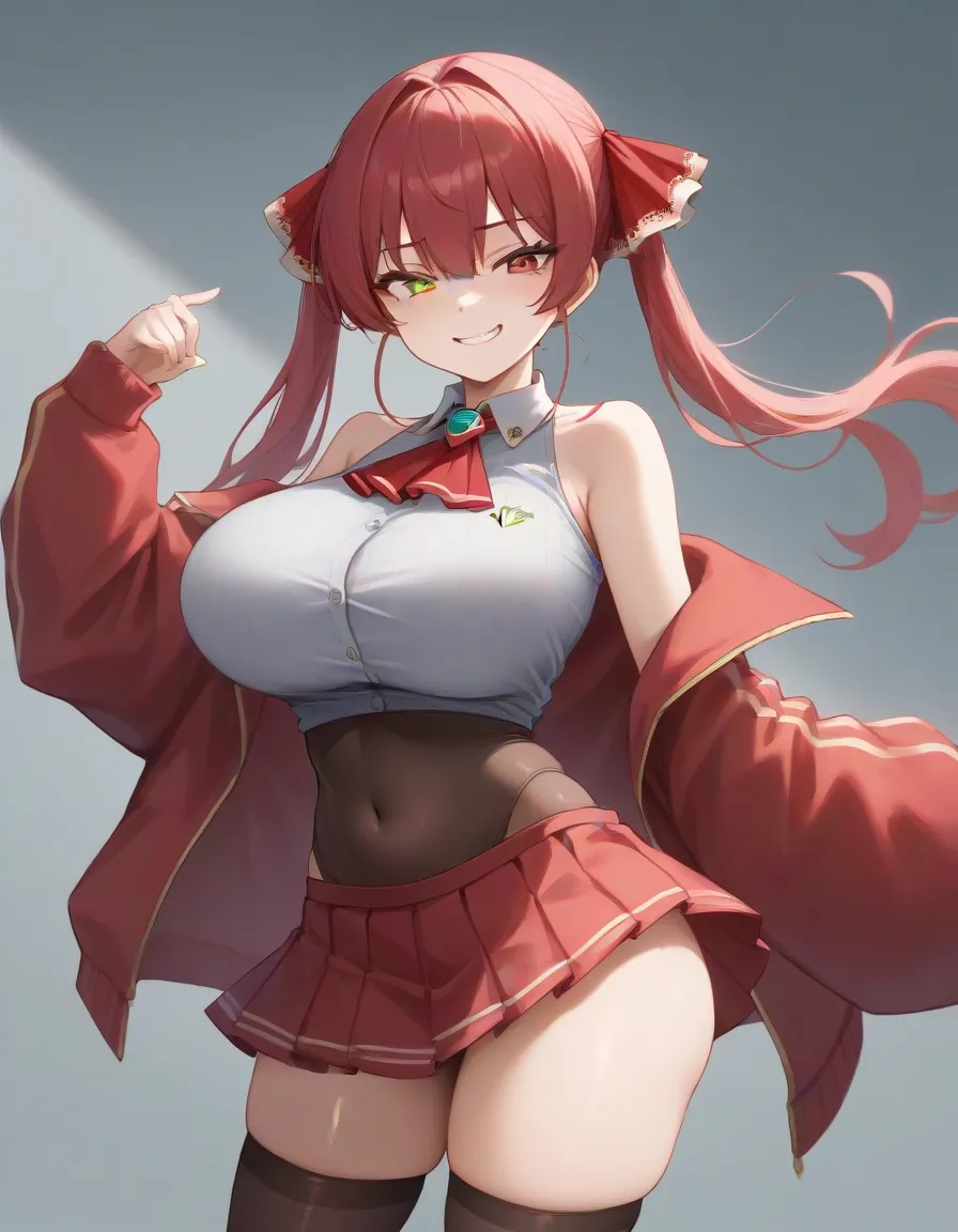 marine houshou, red hair, twintails, heterochromia, red eyes, yellow eyes, hair ribbon,large breasts ,bare shoulders, brown leot...