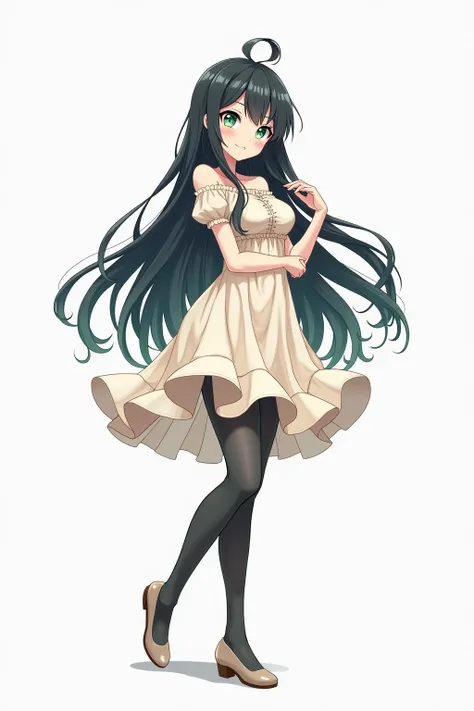 Nature loving,calm,Ambient,Relaxing looking,cute hourglass body adult anime woman,long black flowy hair with bangs covering her forehead wearing a frilly dress, having little green and light blue eyes,Image always has character full body front standing sho...