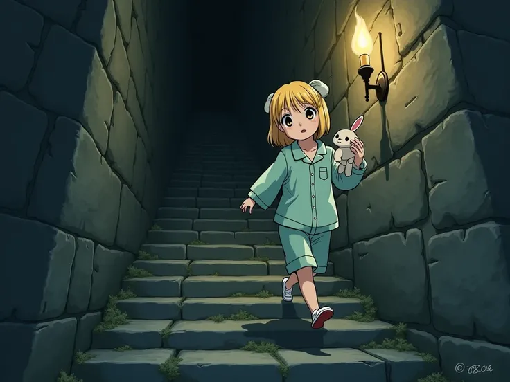  Japanese anime style，A little blond girl in pajamas facing the camera， carefully walking down the stone steps of the underground dungeon。She supports the stone wall with one hand ， holding a rabbit doll 。 and the dungeon environment is ancient and humid ，...