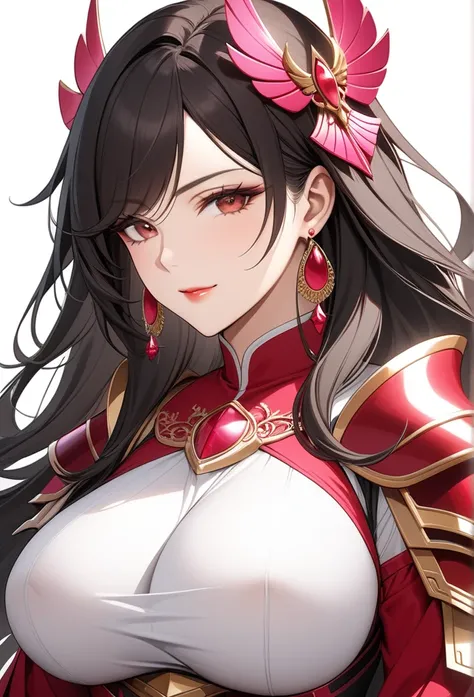 Chinese, big breast , long hair ,fully closed large breasts,  hair ornament , earrings,  high quality ,  high detail , masterpiece,  dark hair with pink endings,  royal ,MILF, 40 years old, some wrinkles, divine armor, age fat , villainess, red tones , poi...