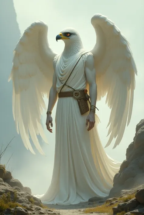 Angel like falcon face and falcon wings and put white dress and  hieght like giant have quiver