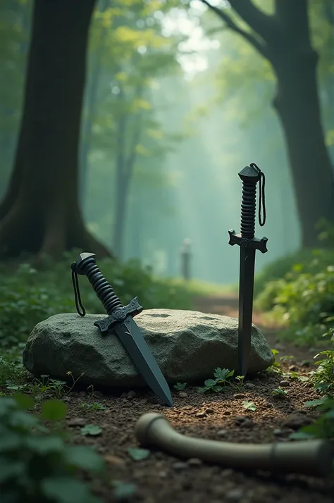 Make a stone ,  two small daggers with a black scabbard and a wide wooden stick,on the floor of a simple forest  