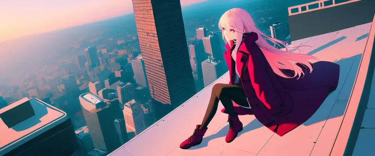 long straight hair, light pink hair, teen girl, full body, sitting on rooftop, on skyscraper, wearing coat, long coat, burgundry coat, rose eyes, looking at horizon,