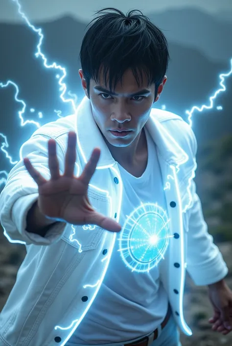 An illuminated latin man with straight curtains short black hair with white eyes wearing white denim jacket and white shirt snapping fingers, power hands, on top of a hill