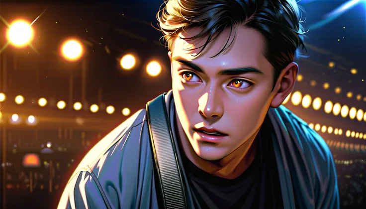 masterpiece, best quality, illustration, electric guitar, playing,casual clothes, one boy, nice, (dynamic lighting:1.2), movie lighting, elaborate facial features, delicate eyes, sharp pupils, Realistic students, depth of field, blur, clear Focus, (Super D...