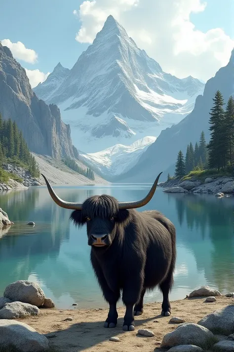 Realistic alpine trees, lake and mountain and rock and sand in water and a white and black yak which have big hair and big horn 