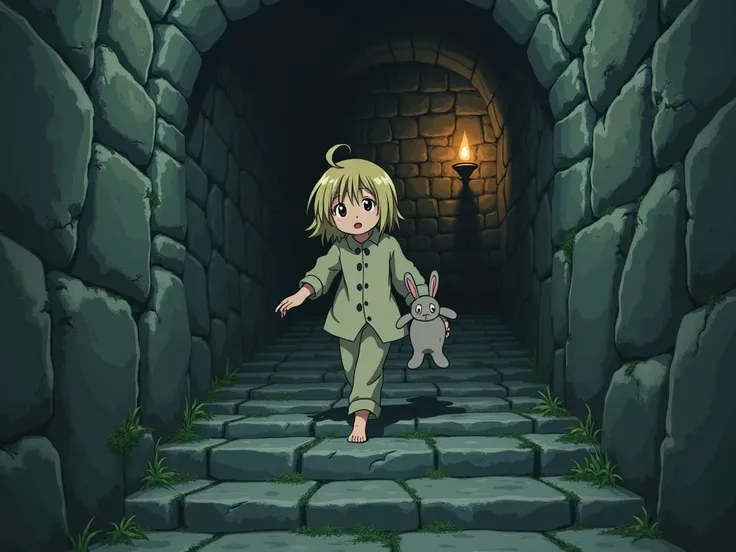  Japanese anime style，A little blond girl in pajamas facing the camera， carefully walking down the stone steps of the underground dungeon。She supports the stone wall with one hand ， holding a rabbit doll 。 and the dungeon environment is ancient and humid ，...