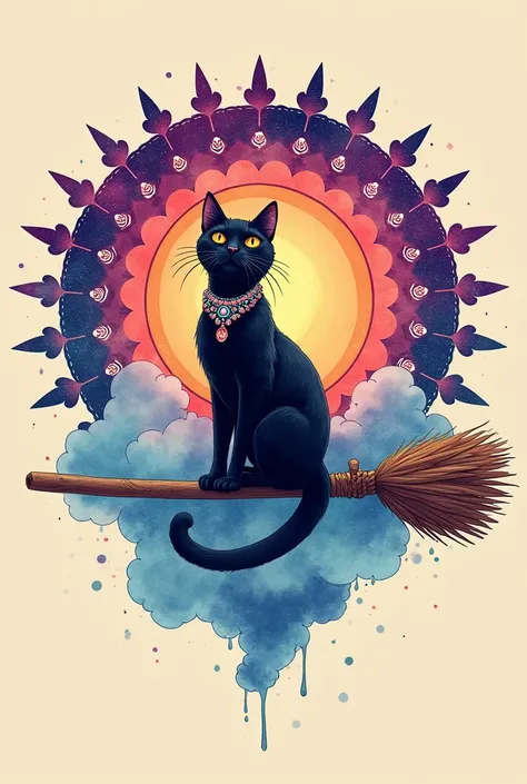  Design an incredibly beautiful watercolor mandala logo on a beige background,  radiating joy ,  but soothing  ,  combining bright  , harmonious neon colors  . The logo consists of a beautiful mandala  , black cat with jewels on a broom, clouds and sky ,  ...