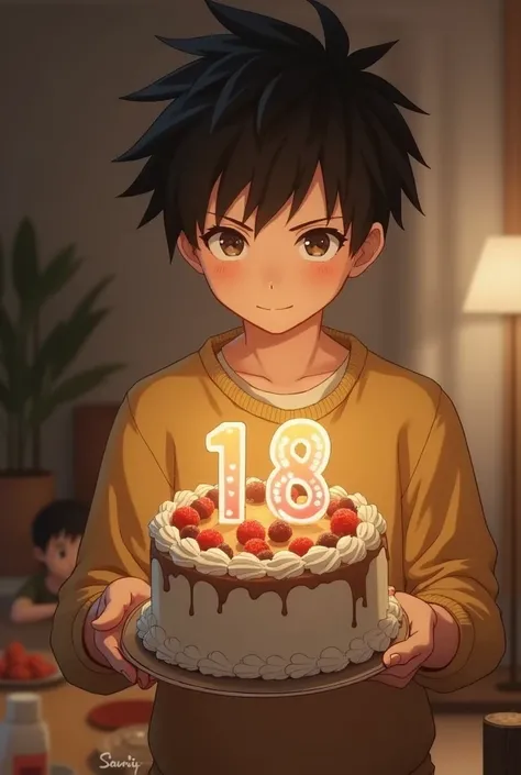 Tsuna holds a birthday cake with the number 18