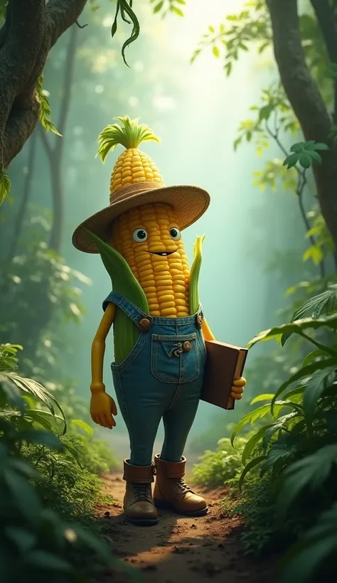 A corn-shaped vegetable wearing a straw hat, overalls, and boots, clutching a book as it walks cautiously through a foggy jungle filled with vines. Bright rays of sunlight pierce through the dense foliage, casting long shadows.