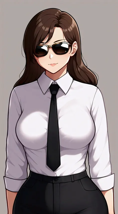 1 girl, brown dark hair, beautiful, sunglasses, white shirt, black pants, black tie, Big butt, medium breasts 