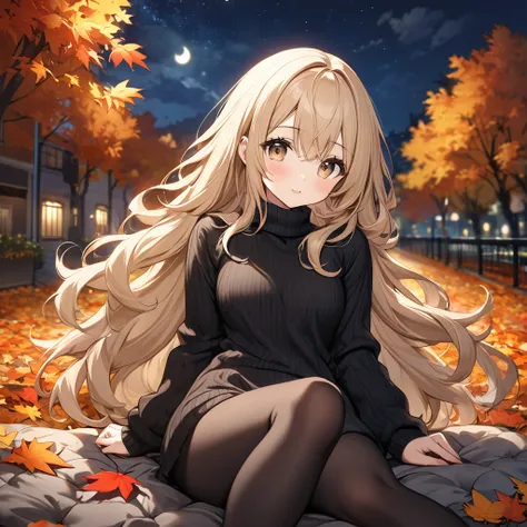 high resolusion, master piece, a lazy girl, cute, fluffy long beige hair, beige eyes, black high neck, long sleeve, wool one piece, autumn, night, date,