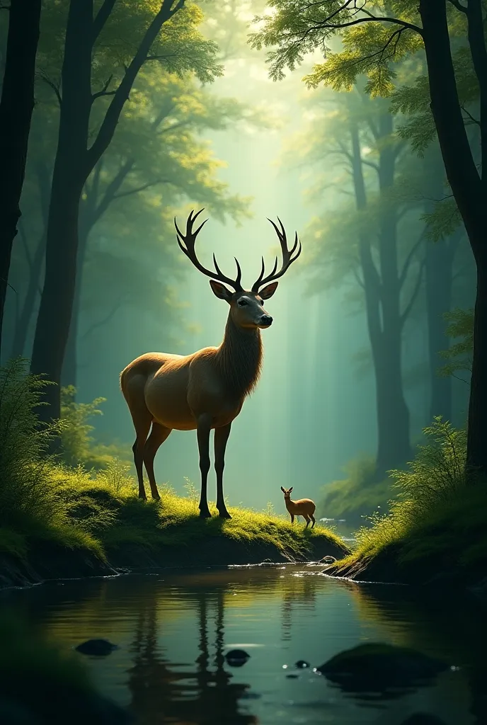 a magnificent deer in a dark and mysterious forest, walking through the sunlight that shines through the lush foliage, drinking from a serene watering hole, surrounded by various small animals also coming to drink, highly detailed and realistic 8K photo, cinematic lighting, intricate and sophisticated design