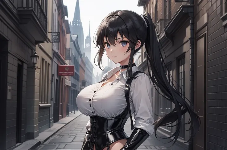  masterpiece ,  the best quality, high resolution,  beautiful detailed eyes , extremely detailed face, Detailed CG, 1 girl; standing,  big breasts shirt,  view from the front,  tender expression , draw smile,  black hair short ponytail, brown eyes, He wear...