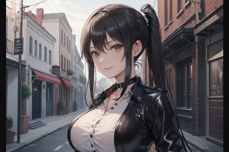  masterpiece ,  the best quality, high resolution,  beautiful detailed eyes , extremely detailed face, Detailed CG, 1 girl; standing,  big breasts shirt,  view from the front,  tender expression , draw smile,  black hair short ponytail, brown eyes, He wear...