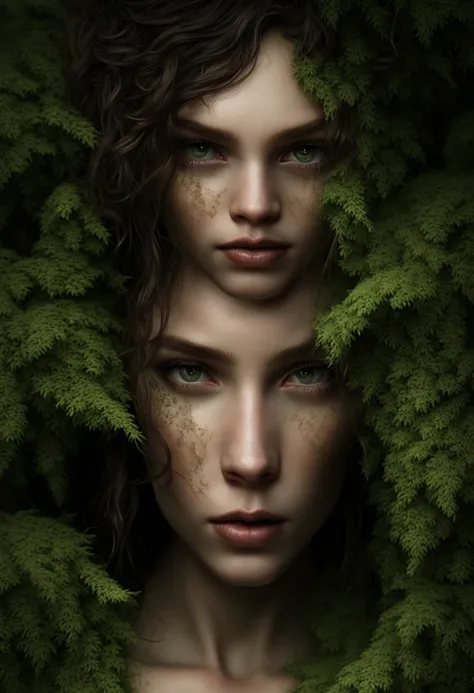 a girl with grass skin, beautiful detailed eyes, beautiful detailed lips, extremely detailed face and skin, long eyelashes, photorealistic, 8k, highly detailed, intricate, cinematic lighting, fantasy, ethereal, glowing, lush greenery, nature, woodland, mos...