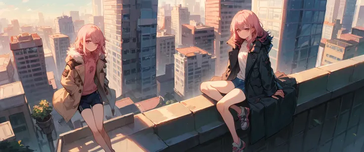 long straight hair, light pink hair, teen girl, full body, sitting on rooftop, on skyscraper, wearing coat, long coat, burgundry coat, rose eyes, looking at horizon,