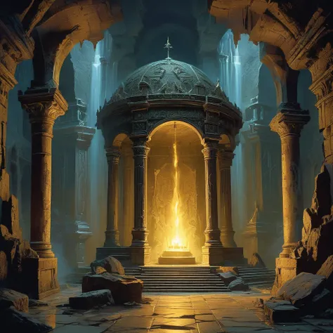 
"Create an image of an ancient, hidden crypt deep beneath a castle, where a brave adventurer has stumbled upon a forgotten tomb. The adventurer, cloaked and cautious, holds a torch high, casting a warm but flickering light across the shadowy chamber. The ...