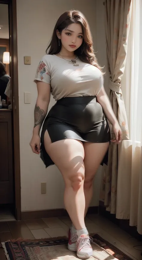 ((best quality)), ((masterpiece)), (detailed), perfect face, ((best quality)), ((masterpiece)), (detailed), perfect face, wanita thicc dewasa, wearing thight dress and thight skirt, chubby cheeks, chubby arm, chubby thighs, gigantic breasts, wearing a snea...