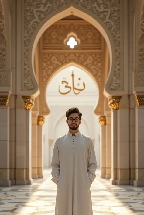 A 22-year-old boy the bearded wearing glasses stands in a mosque in white clothes with beautiful Anas written behind him