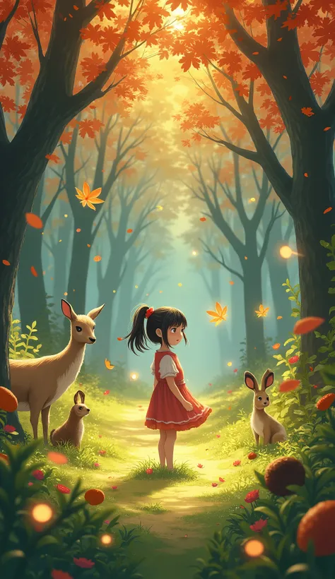 Light in the forest、autumn、 Fantasy、anime、The girl and the animals in the forest