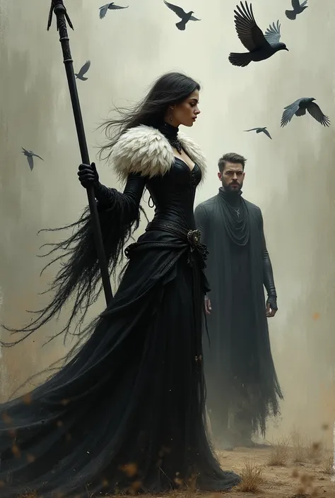 An atmospheric and powerful dark fantasy, natural organic and impressionist classical-style painting of a woman is wearing a black and white costume. She has feathers on her arms and is holding a black pole. There are birds flying above her. There is a man...