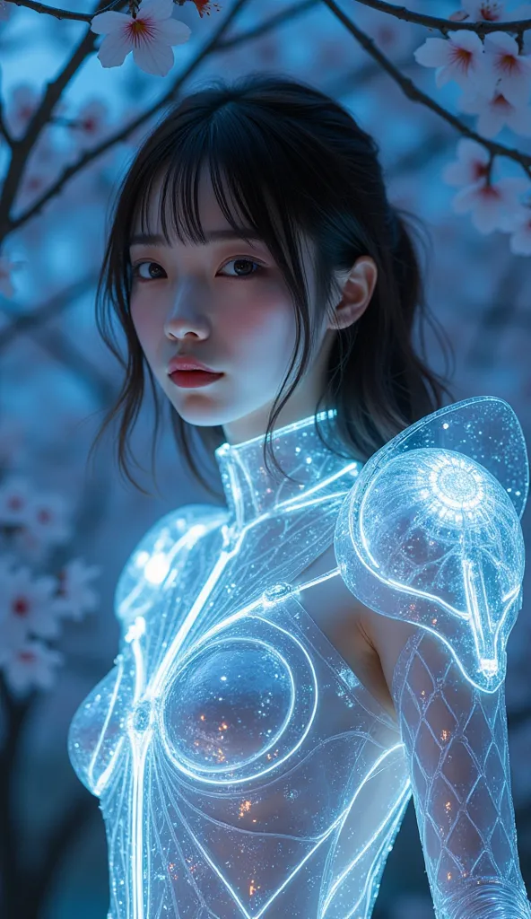 ultra-realistic, photorealistic, dramatic scene, shadow, global-illumination, solo, (20 years old Japanese famous idol girl:1.5), very beautiful fragile Japanese girl, very beautiful with very cute but boyish cool face, she is futuristic fashion model, wearing an inner wear, fully armored with transparent crystal glass armor, her armor reflects the lights, diamond, dynamic pose, cherry blossom in the park at night, amazing view of milkyway, stars, planets, constellations, galaxy