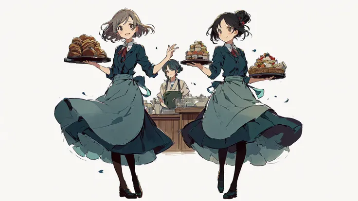   anime character 、Concept art of two women carrying a tray of pastries in front of a counter, (  waitress  )  girl,  Fleet Collection Style, by Haku Maki,  official art, Ghibli anime style style, by Kamisaka Sekka, Written by Nobuzada Yanagawa, Ghibli ani...