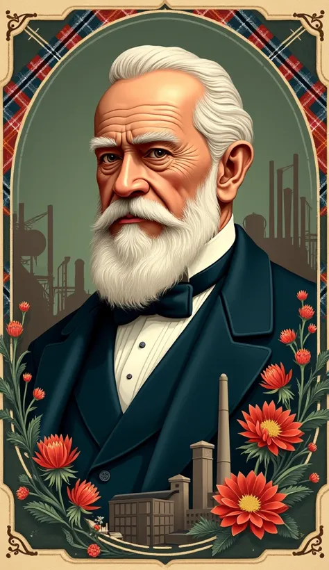 "Illustration of Andrew Carnegies portrait, incorporating subtle Scottish and American elements, such as:
Tartan patterns or Scottish thistle in the background
American flags or eagles subtly integrated
Industrial symbols (e.g., steel beams, factories)
Sty...