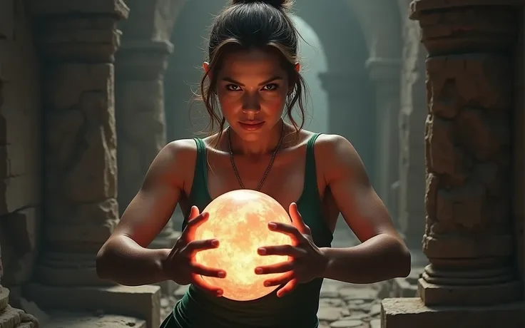 beautiful evil sexy middle aged witch placing her hands upon a crystal ball resting on an altar, dimly lit ruins, evil smile, big evil eyes, big beautiful teeth, sexy green tank top, sexy stylish ponytail