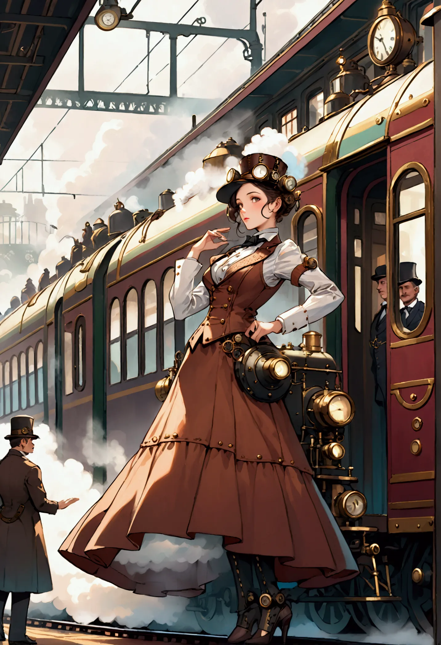 this is a steampunk style illustration of a very sexy robot woman, who is a ticket inspector on a passenger locomotive, she is l...