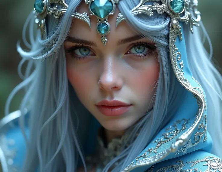 a close-up of a woman in a silver and blue dress,  Chengwei Pan at ArtStation  , by Yang J, detailed fantasy art, stunning character art, fanart better artstation,  epic and exquisite character art , Beautiful armor,  extremely detailed AI-generated art , ...