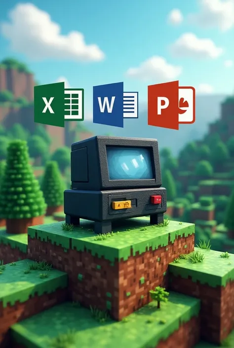 logo con una computadora con el logo de excel, word y powerpoint con tematica de minecraft