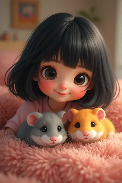 Cute girl with short black hair with a gray and a gold hamster 