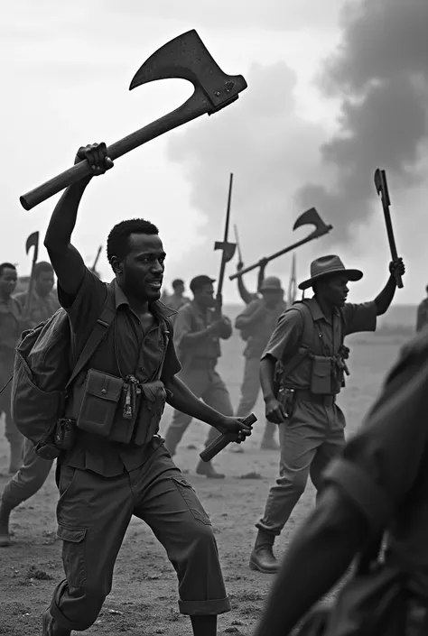  Creates a historical black and white image representing the war that took place between Angola and Portugal, Where Angola uses Machado as a weapon.