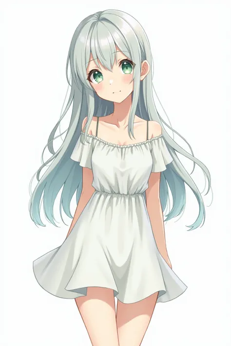 nature loving,cute, adult anime women, big tits, slim, one eye light blue the other light green, long flowy hair with bangs covering for head,relaxing looking,calm,men appealing,frilly dress,white background, full body front shot Tposing