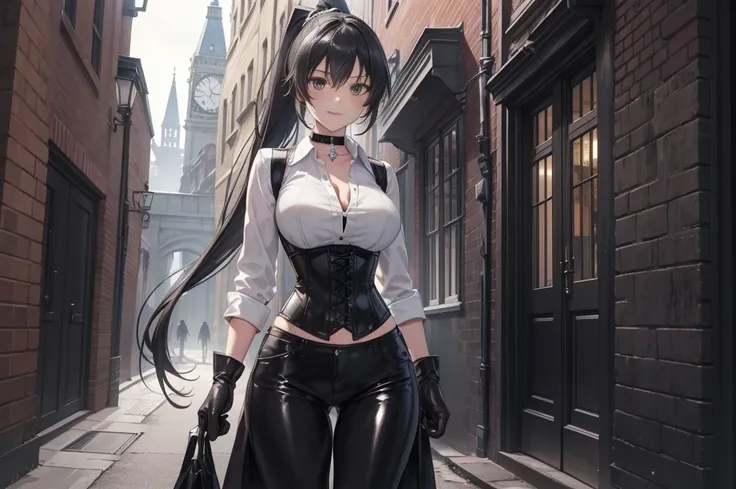  masterpiece ,  the best quality, high resolution,  beautiful detailed eyes , extremely detailed face, Detailed CG, 1 girl; standing,  big breasts shirt,  view from the front,  tender expression , draw smile,  black hair short ponytail, brown eyes, He wear...