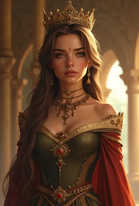 Princess with strong character, amber eyes, semi-light brown and straight hair
