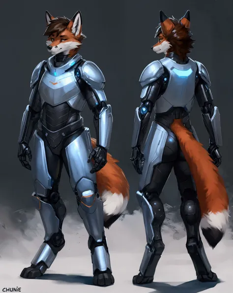 anthro, fox, hybrid, detailed, reference sheet, full body, by zackary911, by chunie, fox fur, blue orange and white fur, two views, front view, back view, mechanical, robotic, digitigrade, fluffy fur, brown hair, fluffy brown hair, cybernetics, sleek milit...