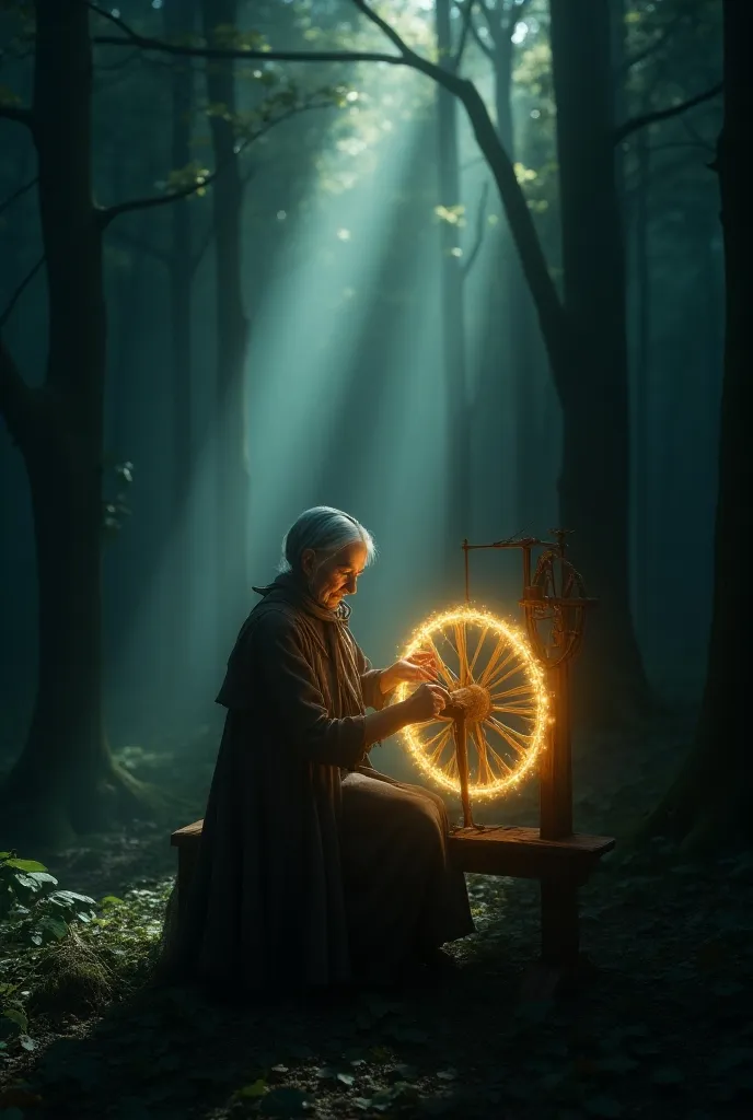 a mysterious old woman spinning a glowing spinning wheel in a dark and dense forest, with a single beam of sunlight shining through, surreal, fine art, sophisticated design, advanced lighting, 8K photorealistic