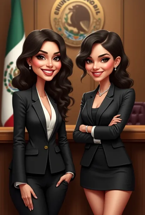 Caricature of a 2 woman, dark brown hair, light brown eyes, white skin color, smiling in a city council chamber, with suit and elegant, miniskirt. Mexican flag in the background.