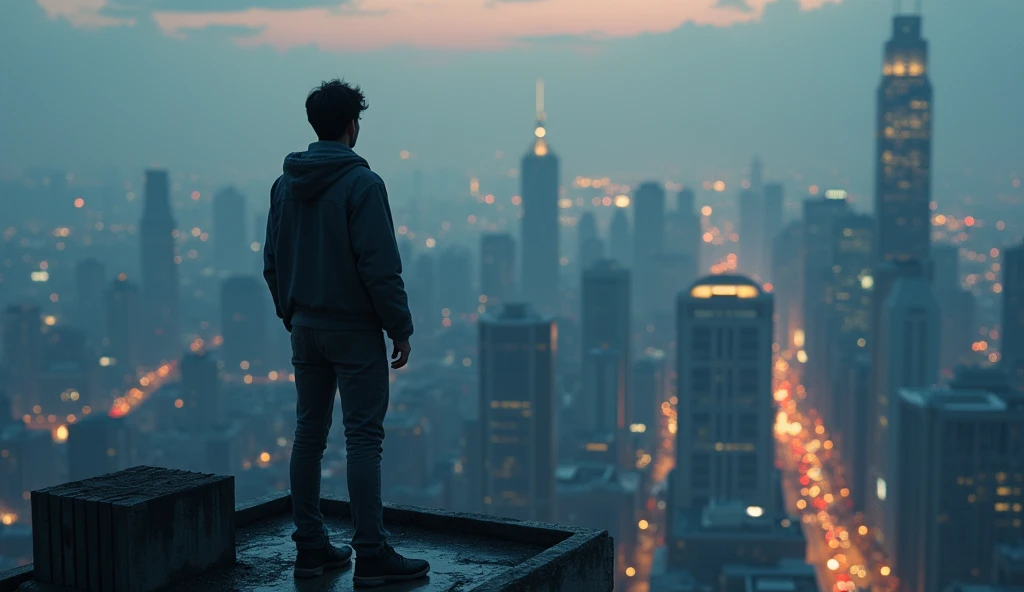 "The scene transitions to the character standing on top of the highest building in the city, overlooking the entire metropolis. The lights of the city are fading softly into the background, and the character’s face is filled with satisfaction, knowing he’s...